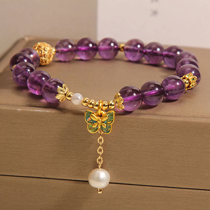Pulsera curativa con mariposas verdes, ámbar y amatista natural de Buddha Stones - image 7