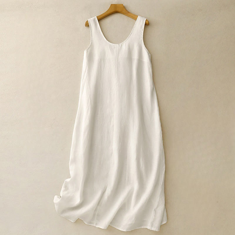 Vestido midi sin mangas de diseño sencillo con cuello redondo y colores puros de estilo casual de verano con Buddha Stones - FloralBlanco - US14，UK/AU18，EU46 (2XL) - image 7