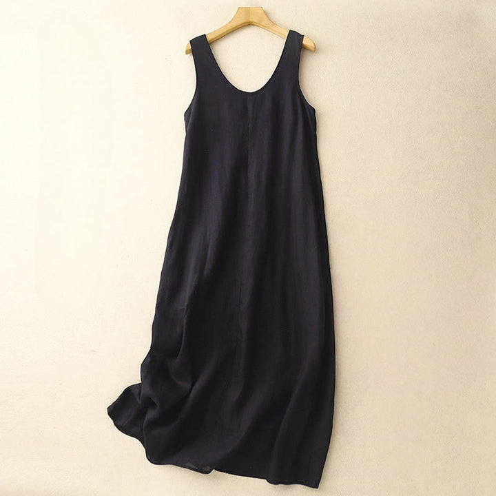 Vestido midi sin mangas de diseño sencillo, color liso, cuello redondo y bolsillos, estampado Buddha Stones, ideal para uso diario en verano. - Negro - US14，UK/AU18，EU46 (2XL) - image 10