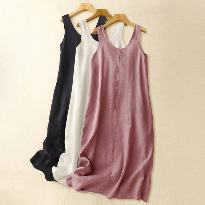 Vestido midi sin mangas de diseño sencillo, color liso, cuello redondo y bolsillos, estampado Buddha Stones, ideal para uso diario en verano. - image 16