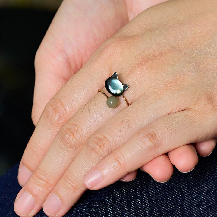 Anillo ajustable con bendición de jade y gato de piedra Tridacna negra de Buddha Stones - image 8