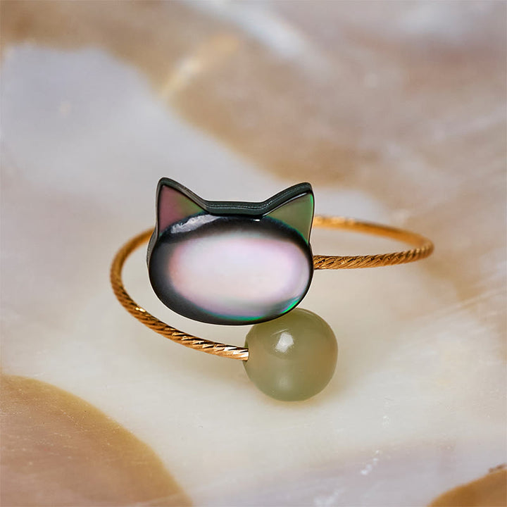 Anillo ajustable con bendición de jade y gato de piedra Tridacna negra de Buddha Stones - image 9