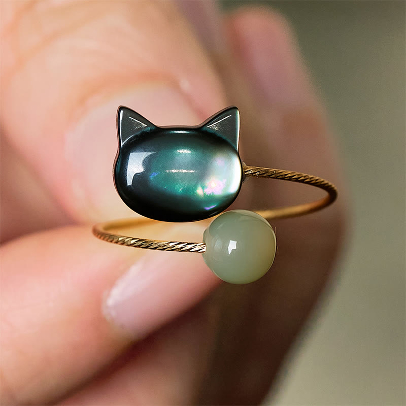 Anillo ajustable con bendición de jade y gato de piedra Tridacna negra de Buddha Stones - Ajustable - image 0