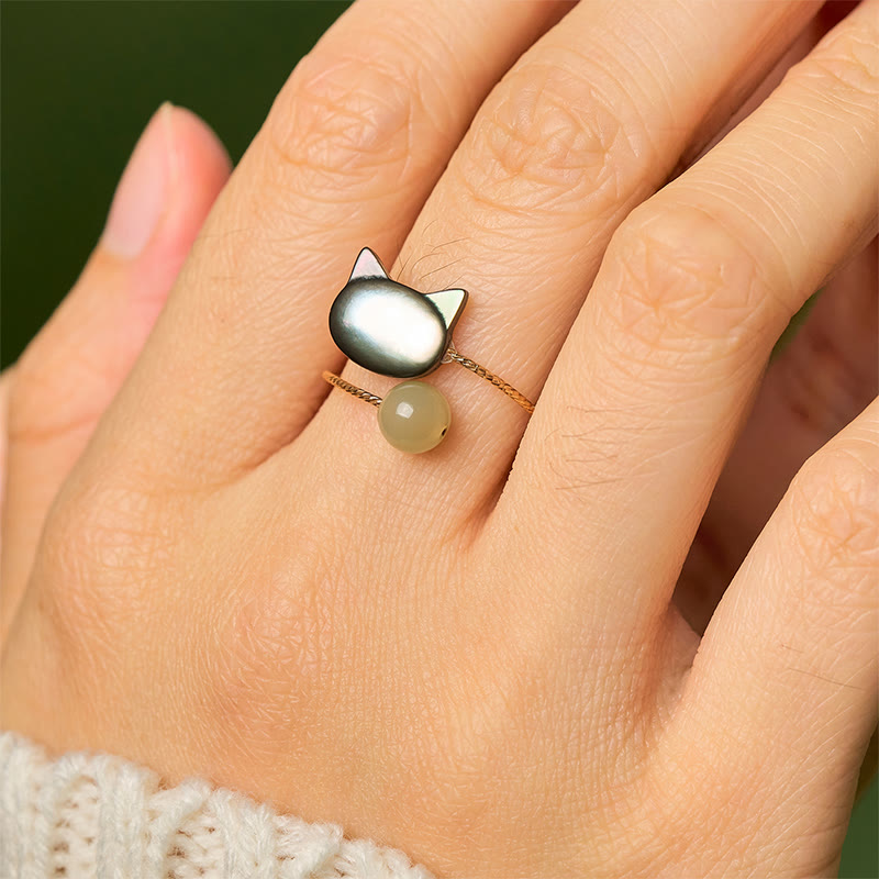 Anillo ajustable con bendición de jade y gato de piedra Tridacna negra de Buddha Stones - image 7