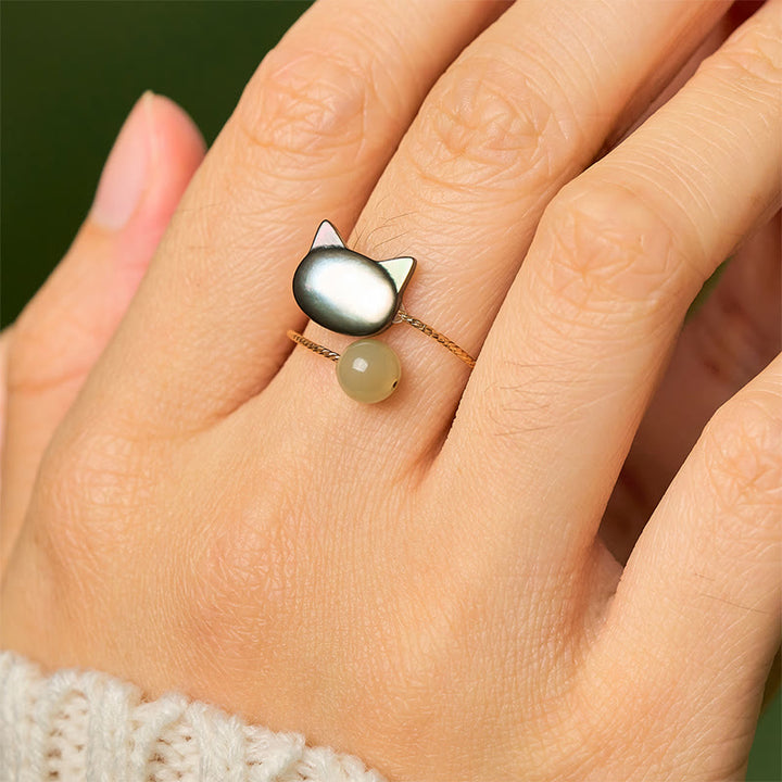 Anillo ajustable con bendición de jade y gato de piedra Tridacna negra de Buddha Stones - image 7