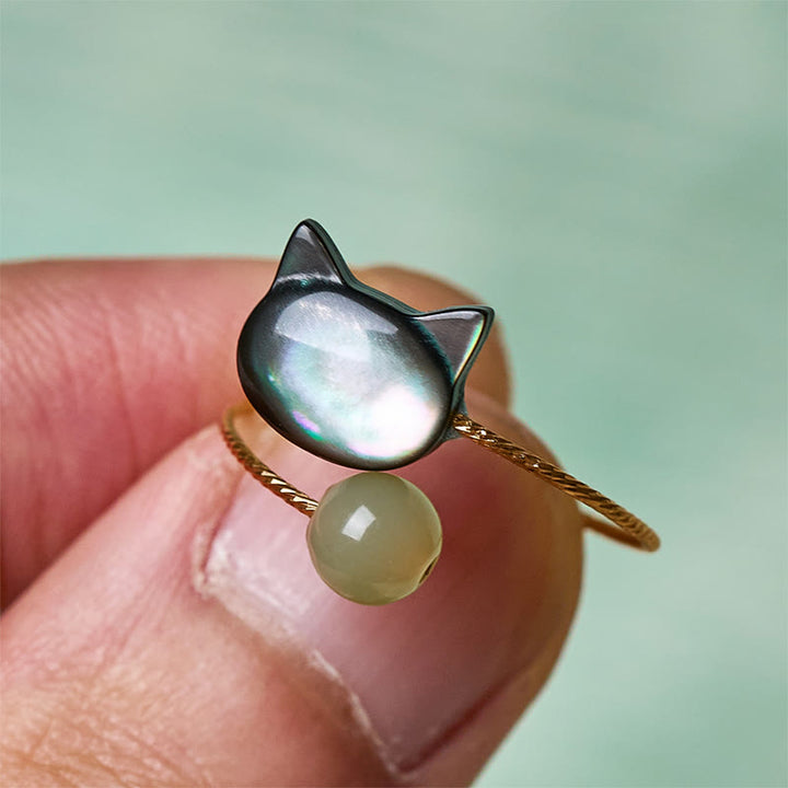 Anillo ajustable con bendición de jade y gato de piedra Tridacna negra de Buddha Stones - image 2