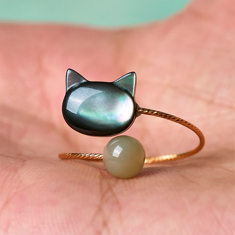 Anillo ajustable con bendición de jade y gato de piedra Tridacna negra de Buddha Stones - image 11