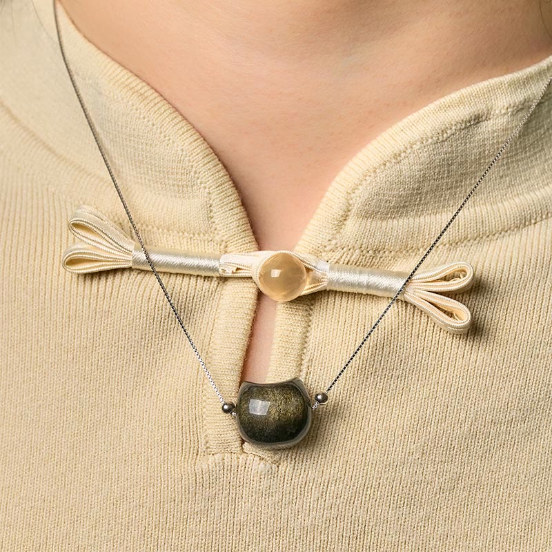 Collar de obsidiana con forma de gato, Buddha Stones , plata de ley 925, brillo natural y obsidiana dorada. - image 7