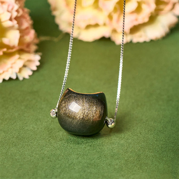 Collar de obsidiana con forma de gato, Buddha Stones , plata de ley 925, brillo natural y obsidiana dorada. - Obsidiana con brillo dorado - image 5