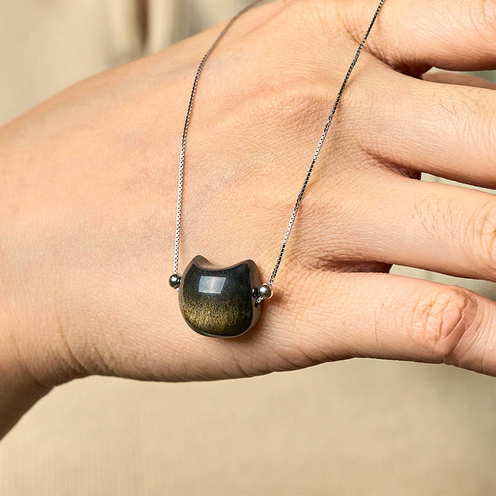 Collar de obsidiana con forma de gato, Buddha Stones , plata de ley 925, brillo natural y obsidiana dorada. - image 6