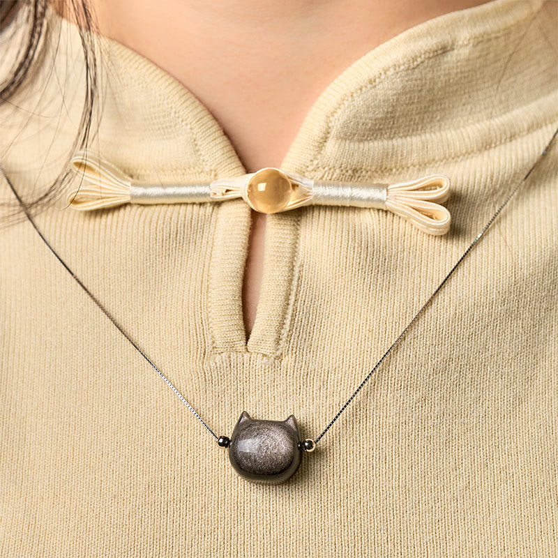 Collar de obsidiana con forma de gato, Buddha Stones , plata de ley 925, brillo natural y obsidiana dorada. - image 1
