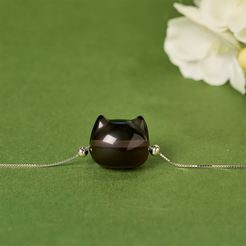 Pulsera positiva de obsidiana de hielo natural con diseño de gato en plata de ley 925 con Buddha Stones - image 1