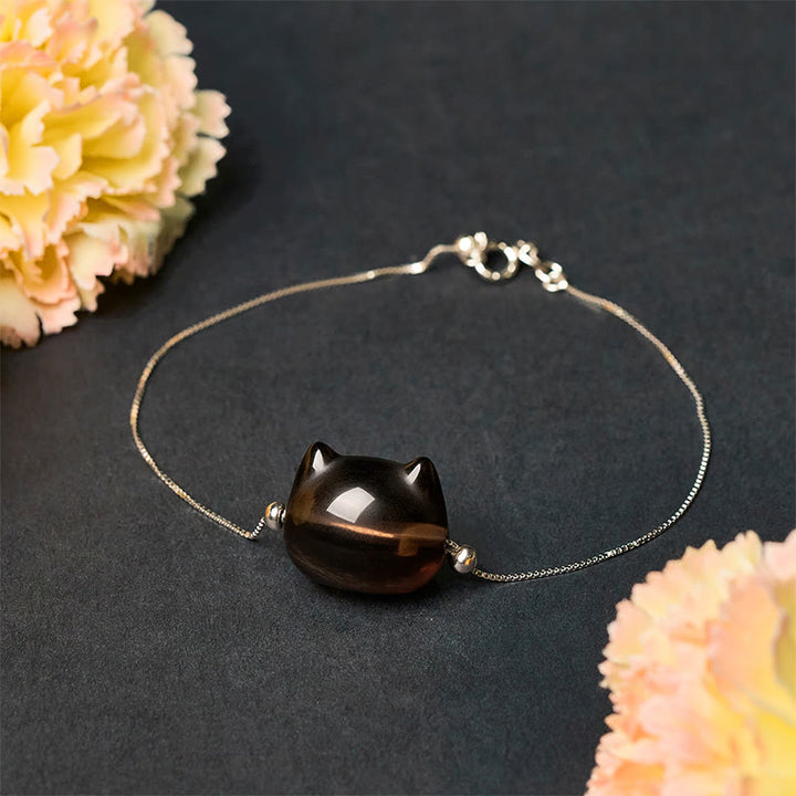 Pulsera positiva de obsidiana de hielo natural con diseño de gato en plata de ley 925 con Buddha Stones - image 2