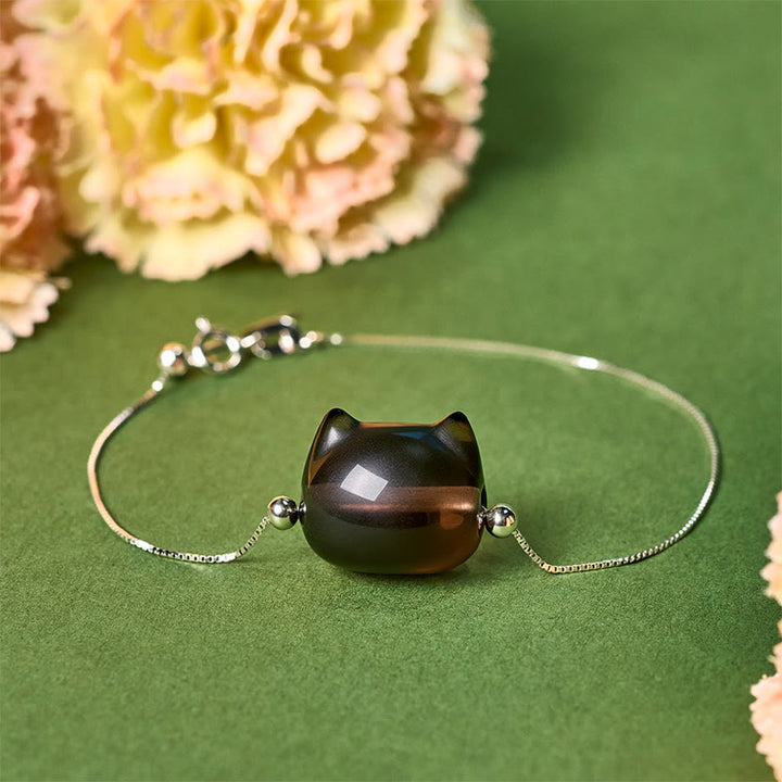 Pulsera positiva de obsidiana de hielo natural con diseño de gato en plata de ley 925 con Buddha Stones - 18-22 cm - image 0