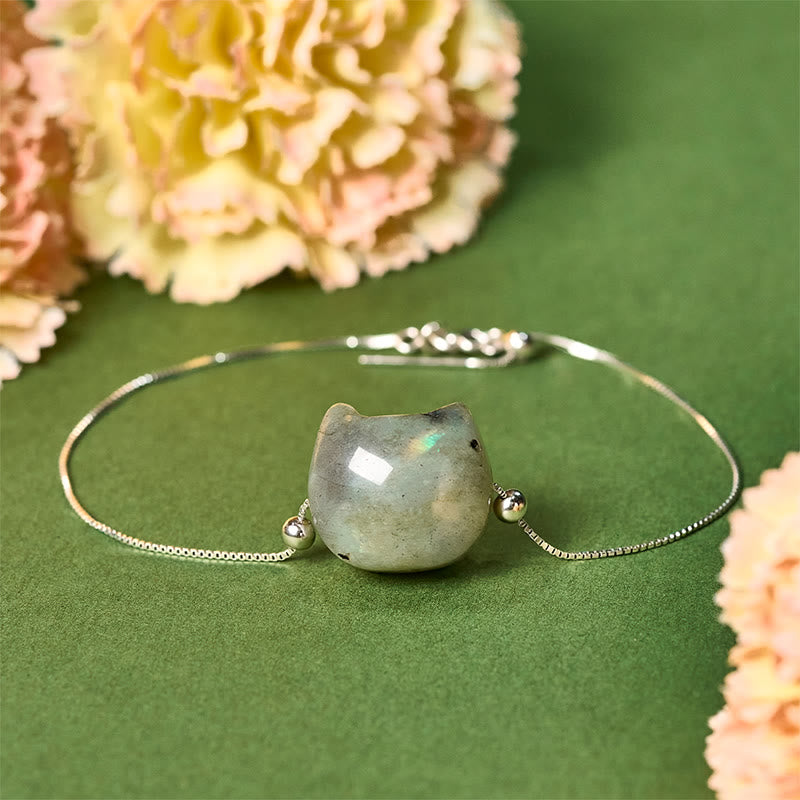 Pulsera curativa de labradorita natural con cabeza de gato sin rostro de Buddha Stones en plata de ley 925 - 18-22 cm - image 0