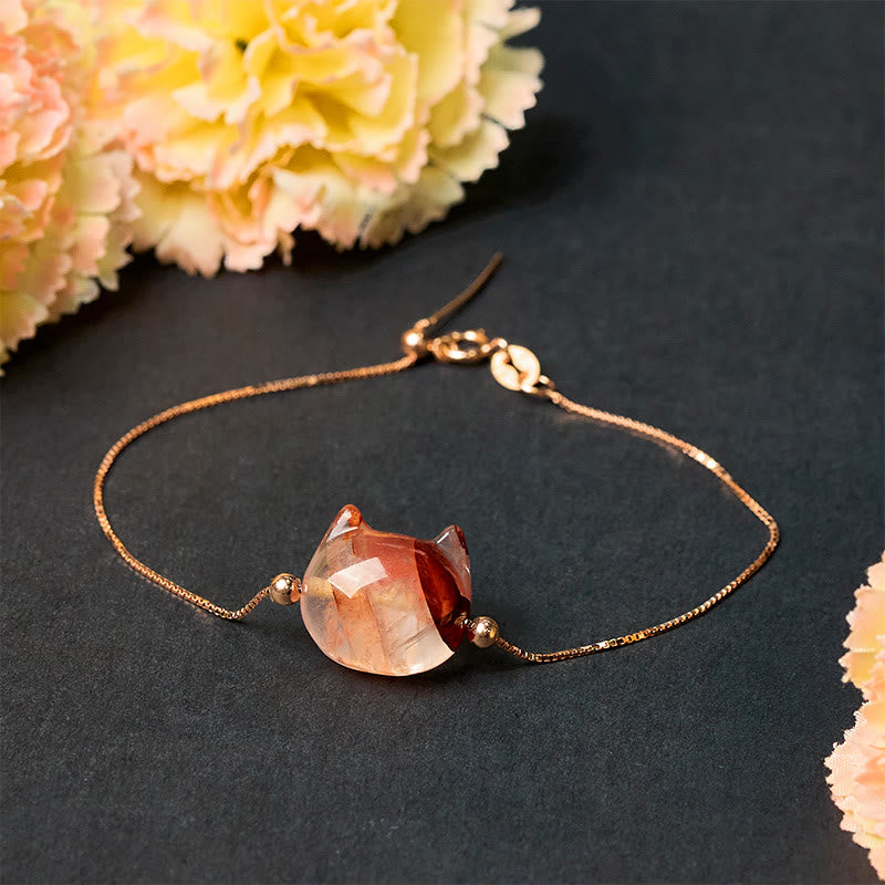 Pulsera de plata de ley 925 con Buddha Stones y cabeza de gato sin rostro, cuarzo rojo natural y flor de pasión - image 2