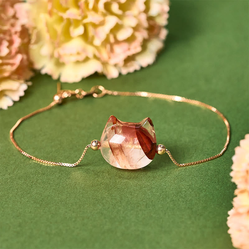 Pulsera de plata de ley 925 con Buddha Stones y cabeza de gato sin rostro, cuarzo rojo natural y flor de pasión - 18-22 cm - image 0