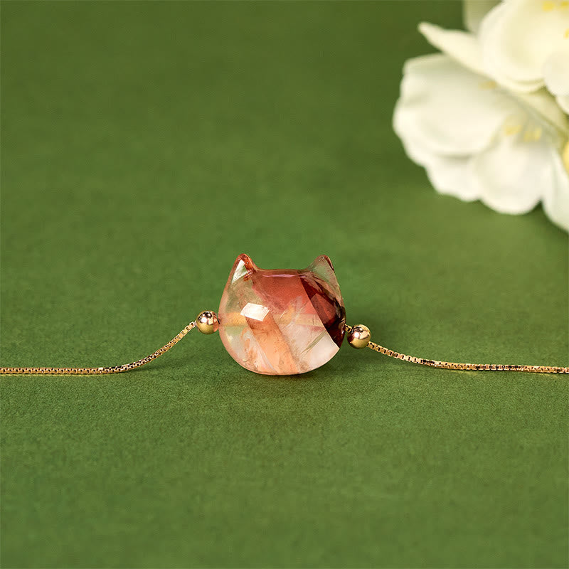 Pulsera de plata de ley 925 con Buddha Stones y cabeza de gato sin rostro, cuarzo rojo natural y flor de pasión - image 1