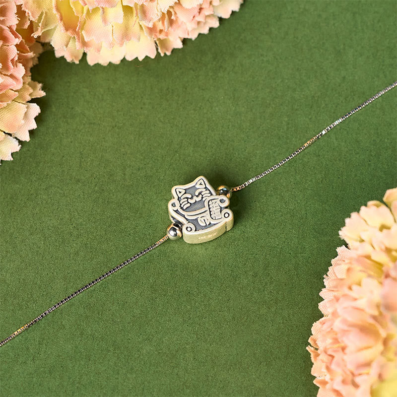 Pulsera de protección con cadena de plata de ley 925 y Buddha Stones en plata de ley 999 con diseño de gato de la fortuna - image 2