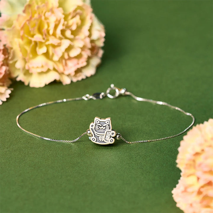 Pulsera de protección con cadena de plata de ley 925 y Buddha Stones en plata de ley 999 con diseño de gato de la fortuna - 18-22 cm - image 0