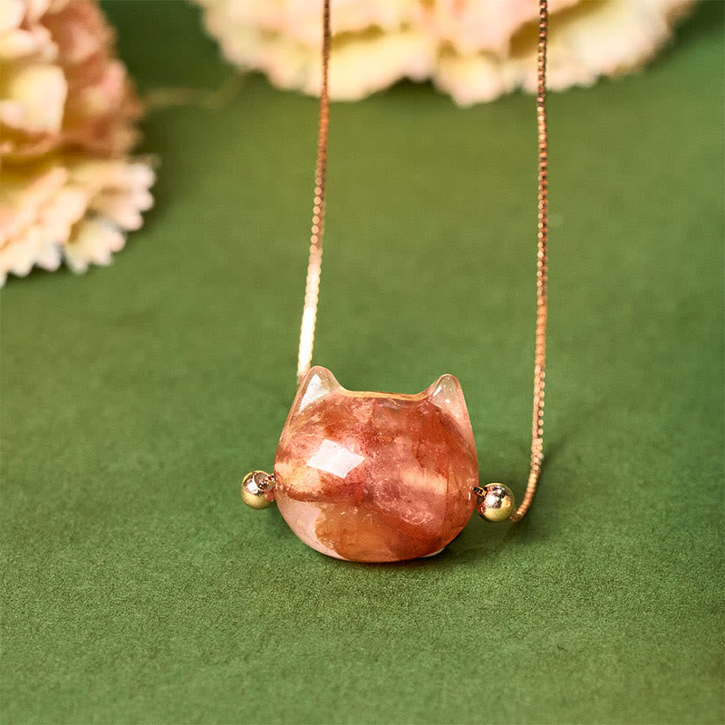 Collar con colgante de Buddha Stones en plata de ley 925 con cabeza de gato y cuarzo rojo natural, protección y flor. - Cuarzo de inclusión - image 0