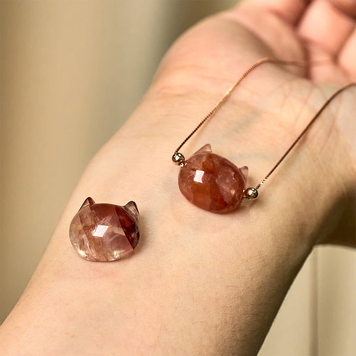 Collar con colgante de Buddha Stones en plata de ley 925 con cabeza de gato y cuarzo rojo natural, protección y flor. - image 9