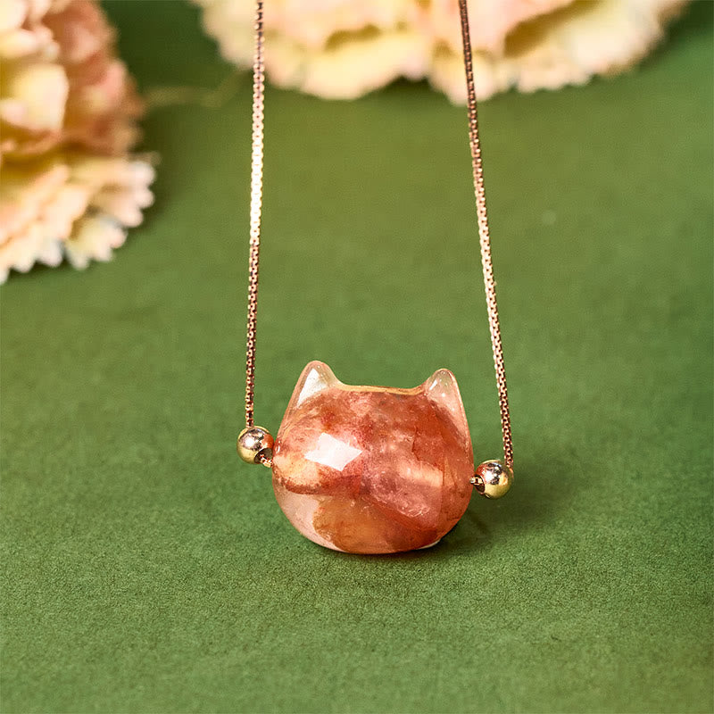 Collar con colgante de Buddha Stones en plata de ley 925 con cabeza de gato y cuarzo rojo natural, protección y flor. - image 1