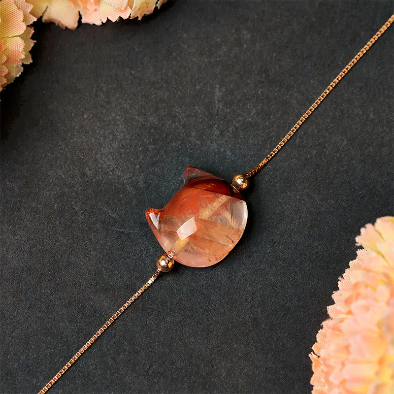 Collar con colgante de Buddha Stones en plata de ley 925 con cabeza de gato y cuarzo rojo natural, protección y flor. - image 3