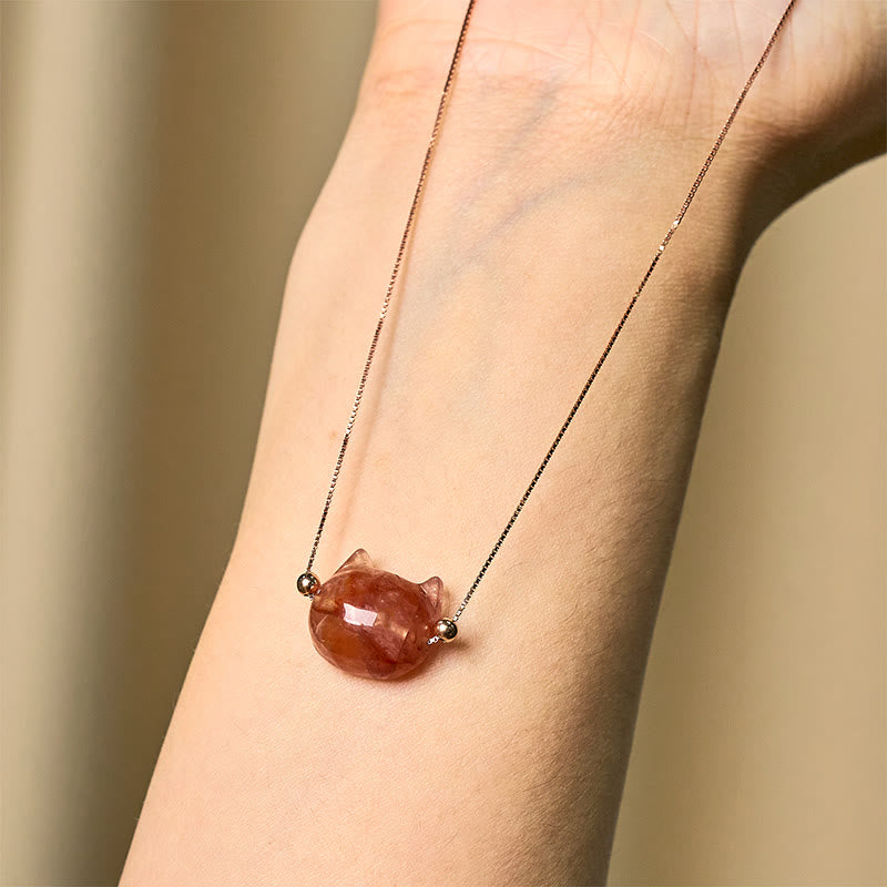 Collar con colgante de Buddha Stones en plata de ley 925 con cabeza de gato y cuarzo rojo natural, protección y flor. - image 10