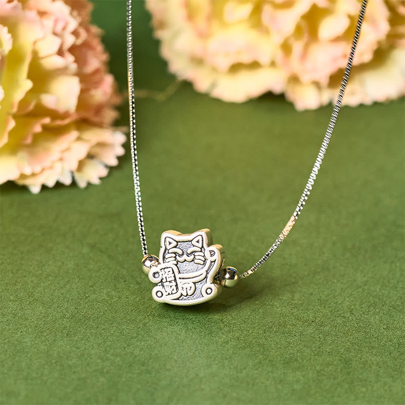 Collar con colgante de cadena de plata de ley 925 con Buddha Stones y protección de gato de la fortuna en plata de ley 999 - Gato - image 0
