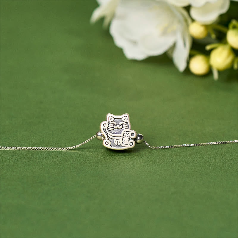 Collar con colgante de cadena de plata de ley 925 con Buddha Stones y protección de gato de la fortuna en plata de ley 999 - image 1