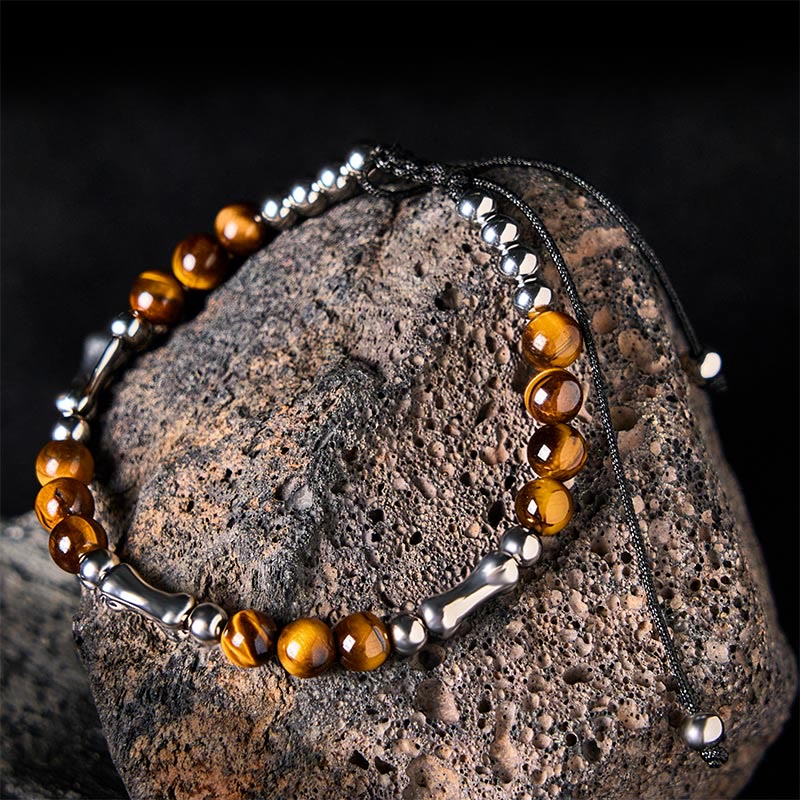 Pulsera de Buddha Stones y coraje - Ojo de tigre y acero de titanio (circunferencia de la muñeca: 15-21 cm) - image 1