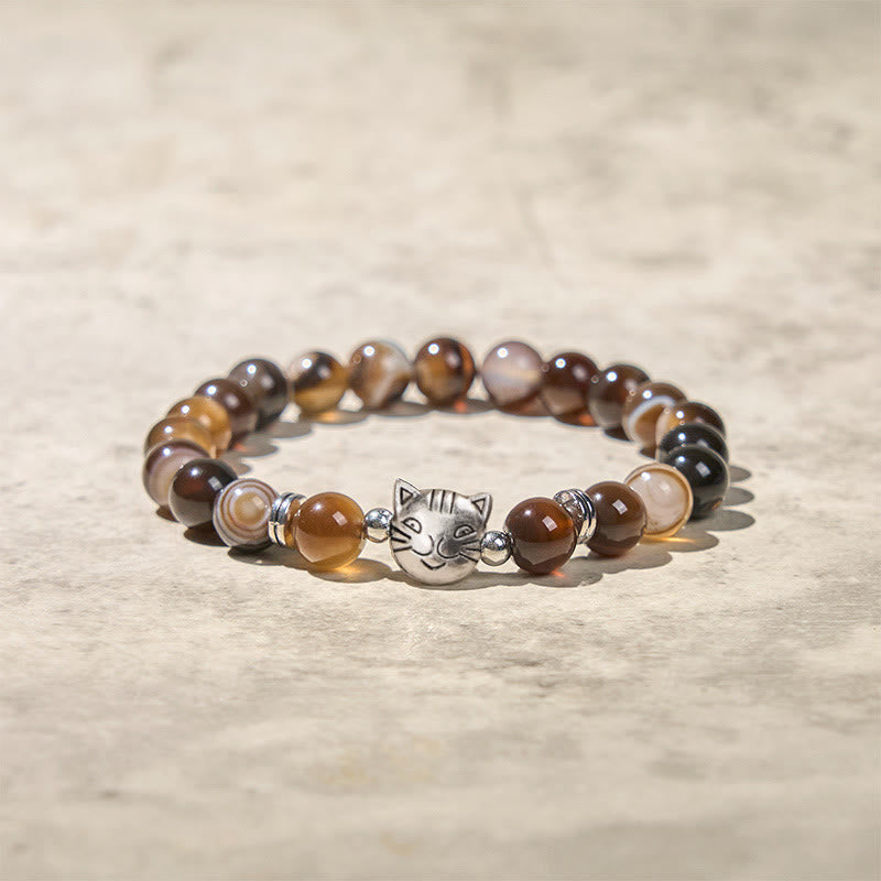 Pulsera de estabilidad con cuentas de ágata rayada marrón natural y gato siamés de chocolate y Buddha Stones - image 3