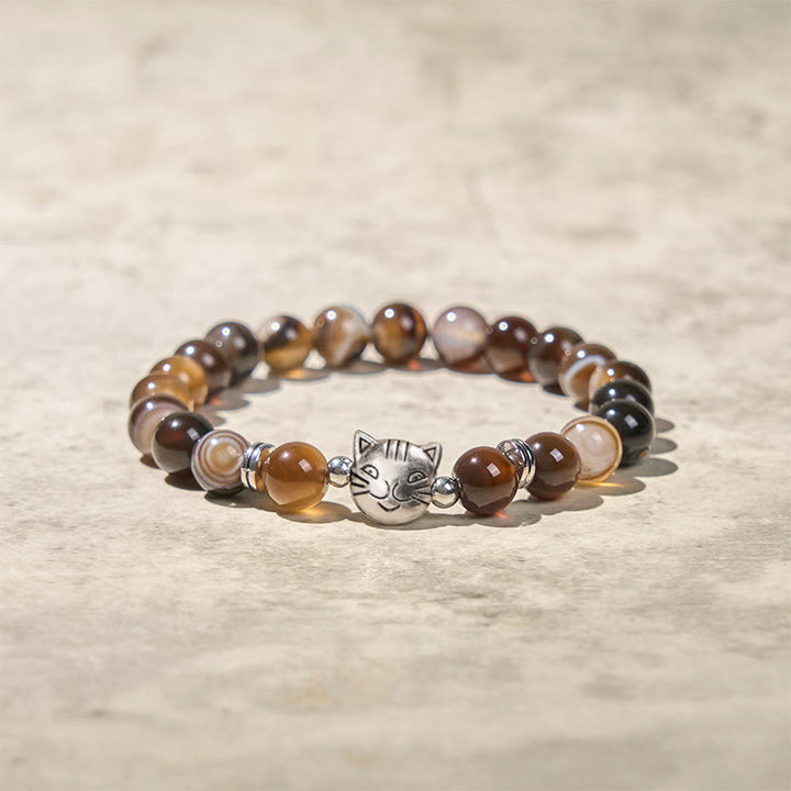 Pulsera de estabilidad con cuentas de ágata rayada marrón natural y gato siamés de chocolate y Buddha Stones - image 3