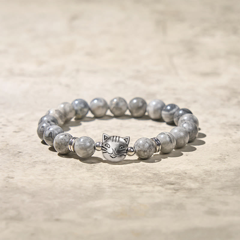 Buddha Stones Pulsera curativa con cuentas de jaspe gris natural y bonito gato - image 4