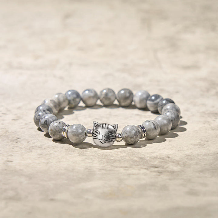 Buddha Stones Pulsera curativa con cuentas de jaspe gris natural y bonito gato - image 4