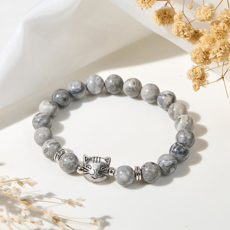 Buddha Stones Pulsera curativa con cuentas de jaspe gris natural y bonito gato - Jaspe gris (circunferencia de la muñeca: 16-19 cm) - image 0