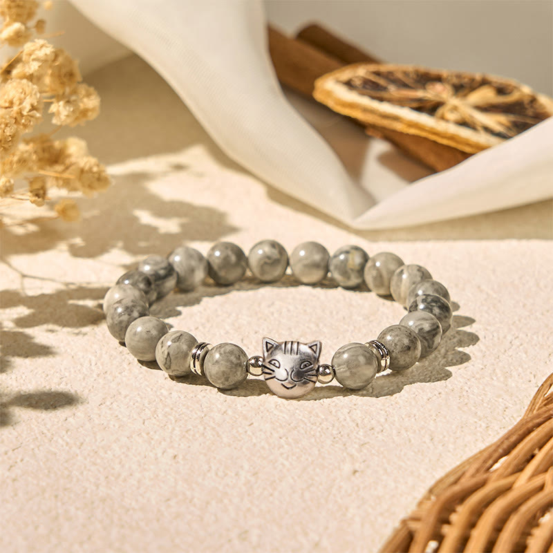 Buddha Stones Pulsera curativa con cuentas de jaspe gris natural y bonito gato - image 2