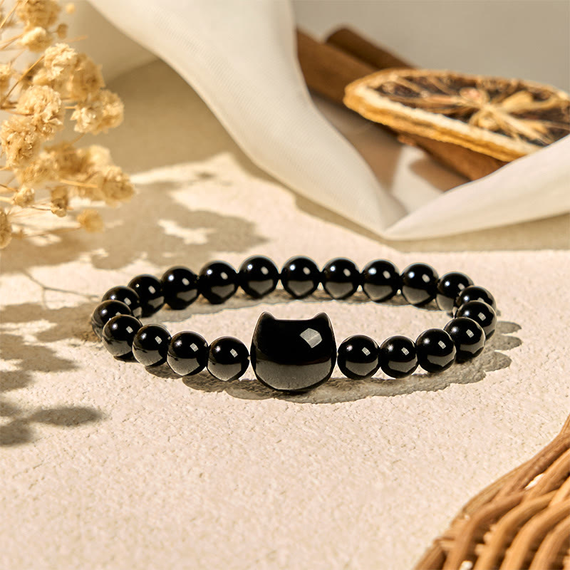 Pulsera de protección de ónix negro natural con Buddha Stones y gato negro - image 2
