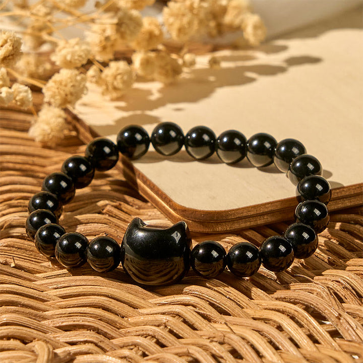 Pulsera de protección de ónix negro natural con Buddha Stones y gato negro - image 3