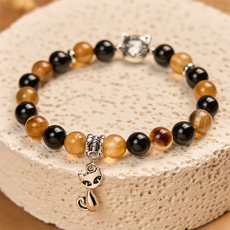 Pulsera protectora de ónix negro y ágata rayada marrón claro con diseño de gato carey y Buddha Stones - image 2