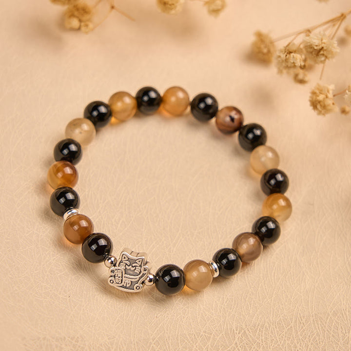 Pulsera Buddha Stones de plata de ley 925 con diseño de gato carey, ágata rayada marrón claro y ónix negro - image 1