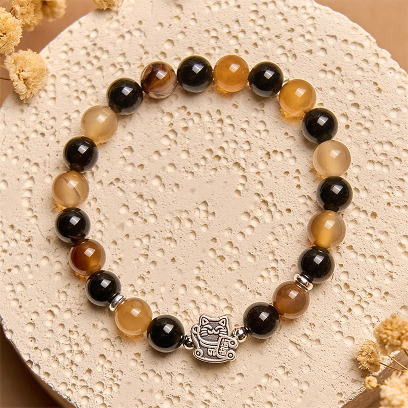 Pulsera Buddha Stones de plata de ley 925 con diseño de gato carey, ágata rayada marrón claro y ónix negro - image 2