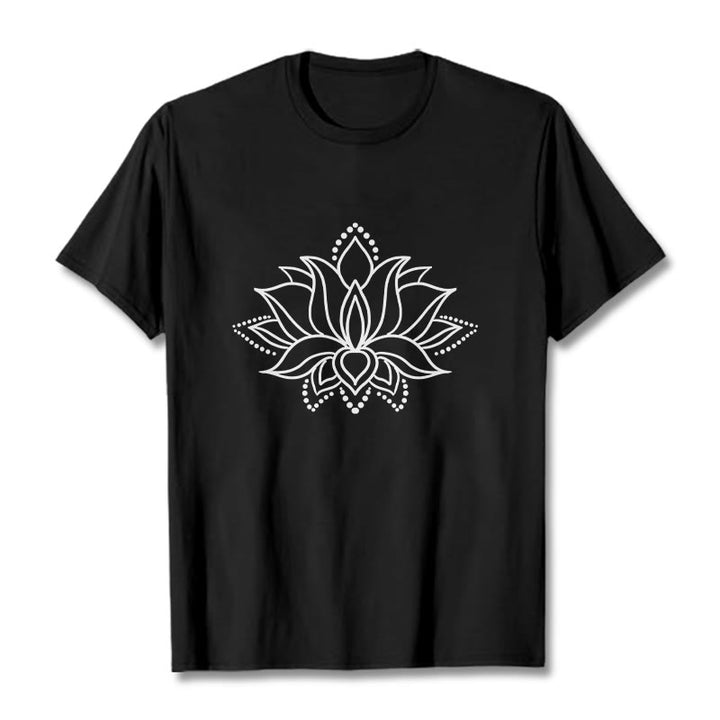 Camiseta de algodón con diseño simple de flor de loto y Buddha Stones - Negro - 2XL - image 4