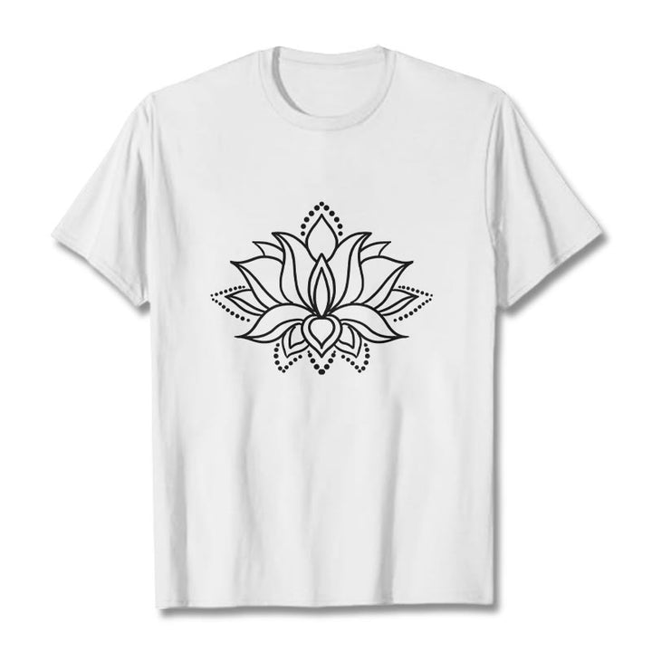 Camiseta de algodón con diseño simple de flor de loto y Buddha Stones - Blanco - 2XL - image 8