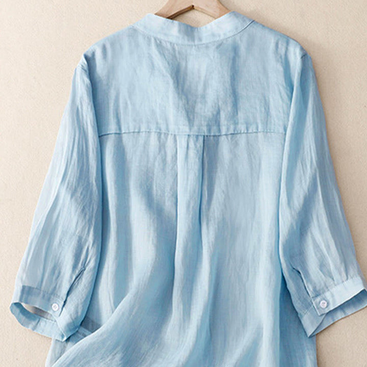 Camisa informal de algodón y viscosa con cuello en V y mangas tres cuartos para mujer de Buddha Stones - image 3