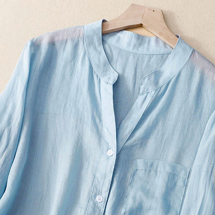 Camisa informal de algodón y viscosa con cuello en V y mangas tres cuartos para mujer de Buddha Stones - image 8