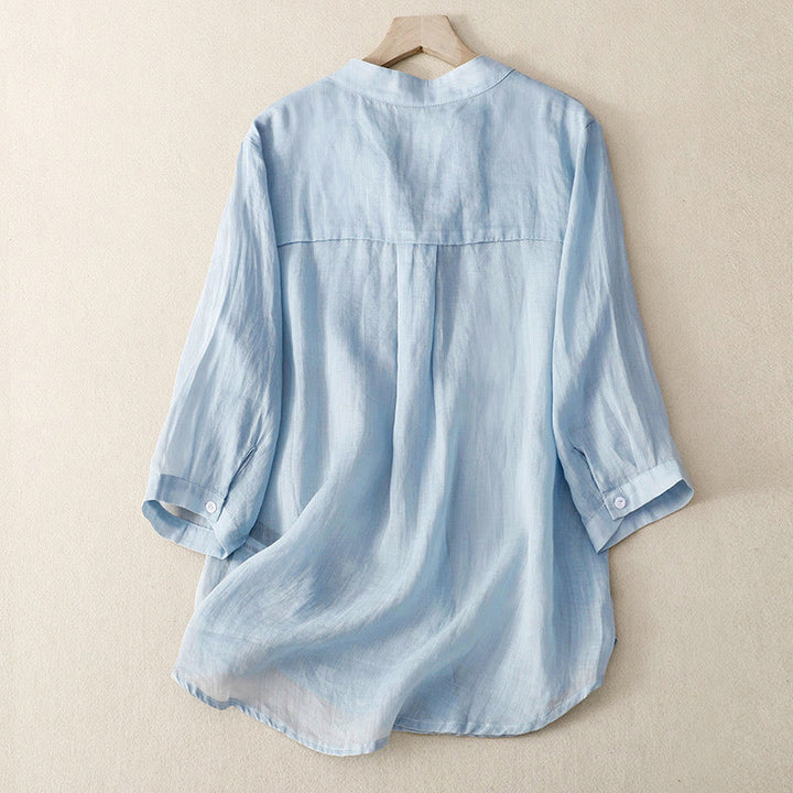 Camisa informal de algodón y viscosa con cuello en V y mangas tres cuartos para mujer de Buddha Stones - image 1