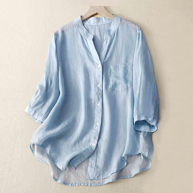 Camisa informal de algodón y viscosa con cuello en V y mangas tres cuartos para mujer de Buddha Stones - Azul claro - US8-10，UK/AU12-14，EU40-42 (2XL) - image 0