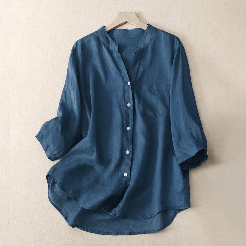 Camisa informal de algodón y viscosa con cuello en V y mangas tres cuartos para mujer de Buddha Stones - Azul acero - US8-10，UK/AU12-14，EU40-42 (2XL) - image 10